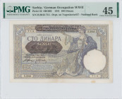 SERBIA: 100 Dinara (1.5.1941) overprinted on Yugoslavian 100 Dinara (old date 1.12.1929) in purple on yellow unpt. Seated woman with sword at center-r...