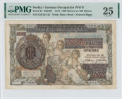 SERBIA: 1000 Dinara overprinted on 500 Dinara (1.5.1941) in brown and multicolor. Three seated women at center on face. S/N: "H.0146 542". WMK: Man he...