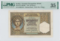 SERBIA: 50 Dinara (1.8.1941) in brown on multicolor unpt. Portrait of woman at left on face. S/N: "I.0260 384". WMK: Boy with cap. Inside holder by PM...