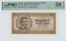 SERBIA: 50 Dinara (1.5.1942) in brown on light brown unpt. Portrait of King Petar at left on face. S/N: "K.1134 791". Inside holder by PMG "Choice Abo...