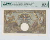 SERBIA: 1000 Dinara (1.5.1942) in brown and multicolor. Blacksmith at left and woman wearing costume at right on face. S/N: "B.0221 189". WMK: King Pe...