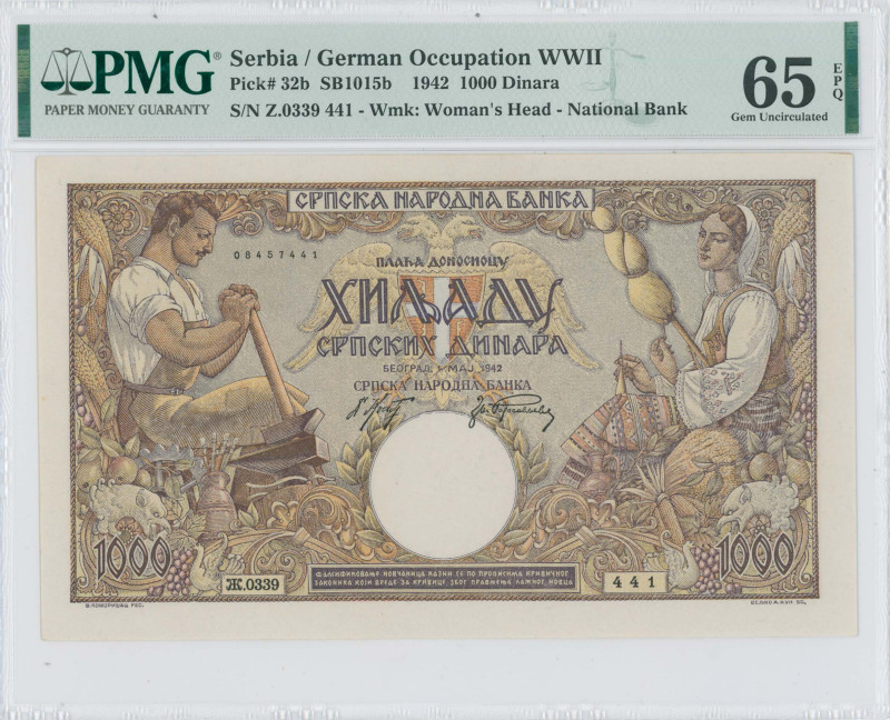 SERBIA: 1000 Dinara (1.5.1942) in brown and multicolor. Blacksmith at left and w...