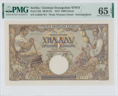 SERBIA: 1000 Dinara (1.5.1942) in brown and multicolor. Blacksmith at left and woman wearing costume at right on face. S/N: "Z.0339 441". WMK: Head of...