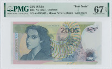 SERBIA: Specimen test note without value. Portrait of Milena Pavlovic Barilli on the left, monument with fountain and three angels around it at center...