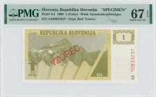 SLOVENIA: Specimen of 1 Tolar (1990) in dark olive-green on light gray and light olive-green unpt with Triglav mountain peak at center left on face. S...