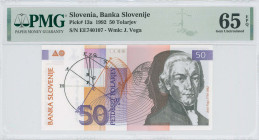 SLOVENIA: 50 Tolarjev (15.1.1992) in black, purple and brown-orange on multicolor unpt. Jurij Vega at right on face. S/N: "EE 740107". WMK: Vega. Prin...