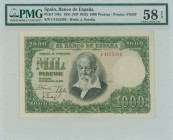 SPAIN: 1000 Pesetas (ND 1953 / old date 31.12.1951) in green. Joaquin Sorolla at center on face. S/N: "C 4155386". WMK: Joaquin Sorolla. Printed by FN...