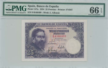 SPAIN: 25 Pesetas (22.7.1954) in purple on orange and multicolor untp. Isaac Albeniz at left on face. S/N: "E 4546489". WMK: Isaac Albeniz. Printed by...