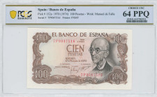 SPAIN: 100 Pesetas (17.11.1970) in brown on pale orange and multicolor unpt. Manuel de Falla at right on face. S/N: "7P 9047516". WMK: Manuel de Falla...