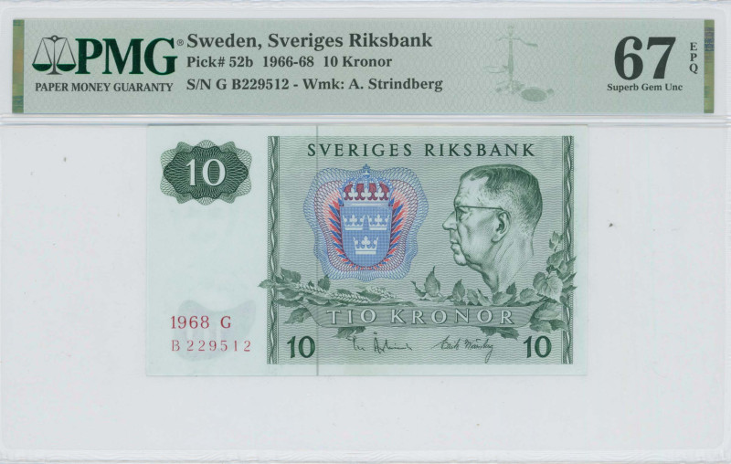 SWEDEN: 10 Kronor (1968) in dark green with red and blue guilloche at center. Ki...