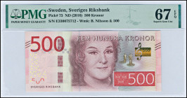 SWEDEN: 500 Kronor (ND 2016) in red-brown, orange and multicolor. Birgit Nilsson at center on face. S/N: "E 330075712". WMK: B Nilsson. Inside holder ...