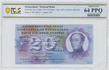 SWITZERLAND: 20 Franken (5.1.1970) in blue on multicolor unpt. Bust of General Guillaume-Henri Dufour on face. S/N: "69V 034227". Signatures by Galli,...