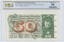 SWITZERLAND: 50 Franken (5.1.1970) in green and red on multicolor unpt. Girl at upper right on face. S/N: "32Z 90945". Signatures by Galli, Hay & Aebe...