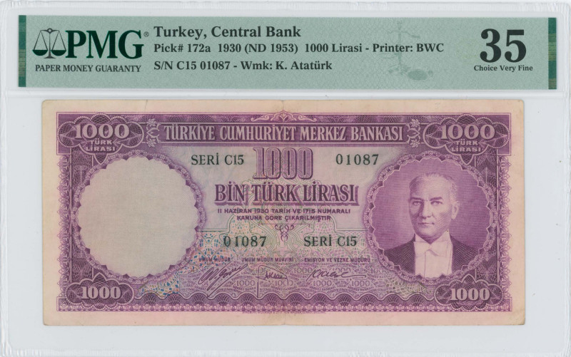 TURKEY: 1000 Lira [Law 1930 (15.4.1953)] in purple. Portrait of President Kemal ...