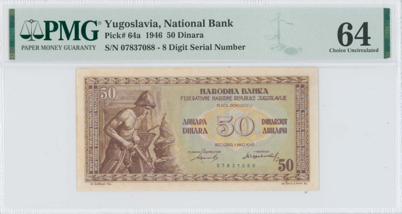 YUGOSLAVIA: 50 Dinara (1.5.1946) in brown on multicolor unpt. Miner at left on f...