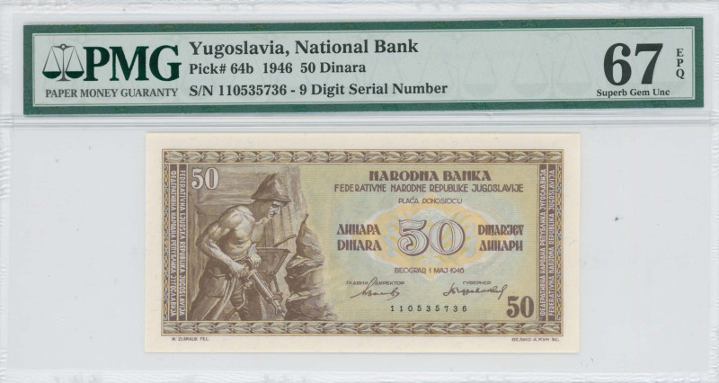 YUGOSLAVIA: 50 Dinara (1.5.1946) in brown on multicolor unpt. Miner at left on f...