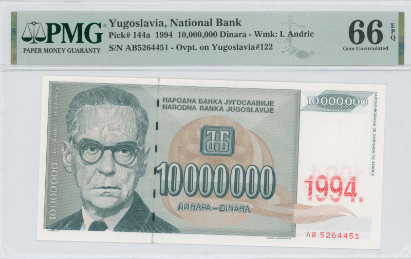 YUGOSLAVIA: 10 million Dinara (1994) in slate blue, light and dark brown. Ivo An...