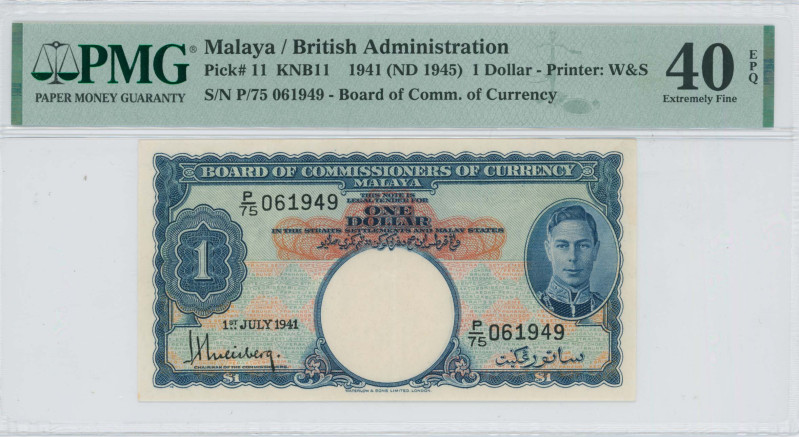 MALAYA: 1 Dollar [1.7.1941 (ND 1945)] in blue on orange and multicolor unpt. Por...