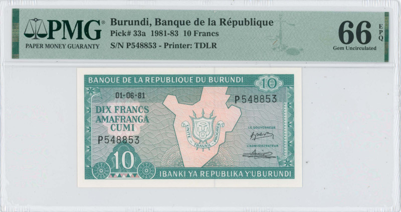 BURUNDI: 10 Francs (1.6.1981) in blue-green on tan unpt. Map of Burundi with coa...