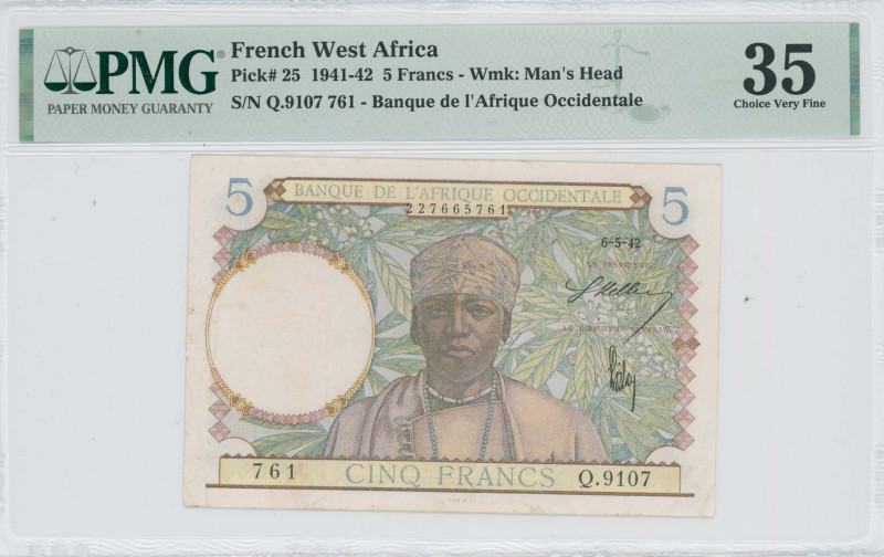 FRENCH WEST AFRICA: 5 Francs (6.5.1942) in multicolor. Man at center on face. S/...