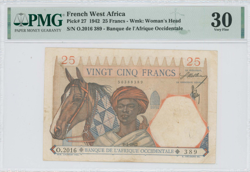 FRENCH WEST AFRICA: 25 Francs (9.1.1942) in multicolor. Young man wearing turban...