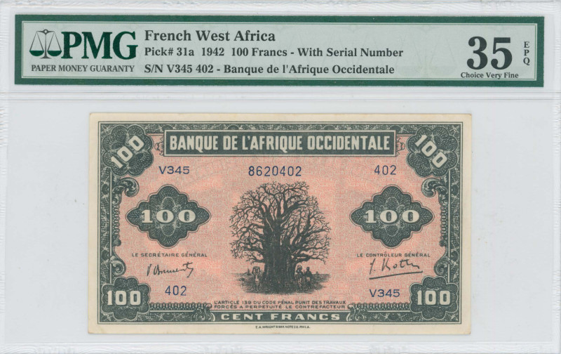 FRENCH WEST AFRICA: 100 Francs (14.12.1942) in black on pink unpt. Boabab tree a...