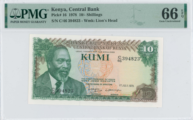 KENYA: 10 Shillings (1.7.1978) in dark green and dark brown on multicolor unpt. ...