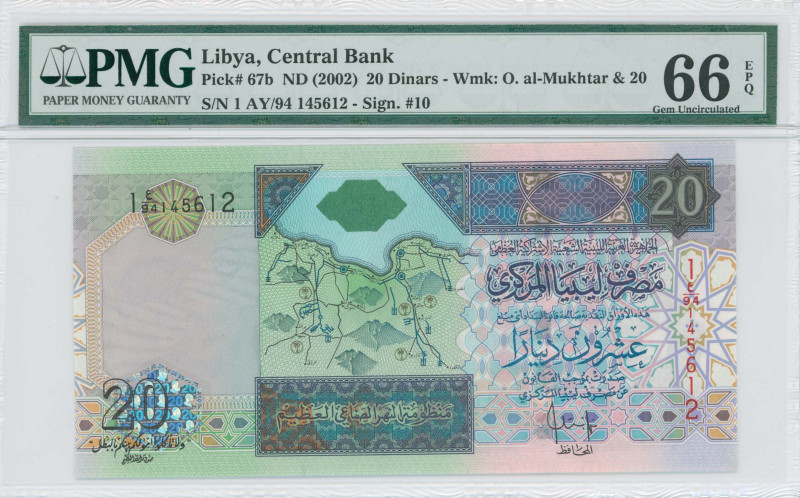 LIBYA: 20 Dinars (ND 2002) in green, blue and brown on multicolor unpt. Map with...