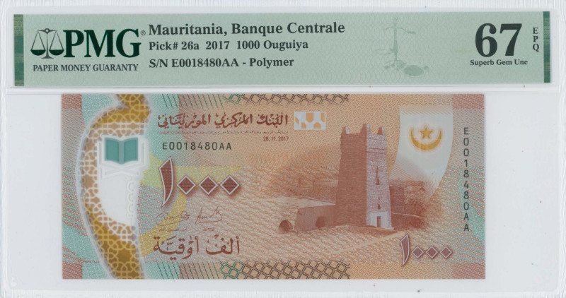 MAURITANIA: 1000 Ouguiya (28.11.2017) in brown. Tower at right on face. S/N: "E ...