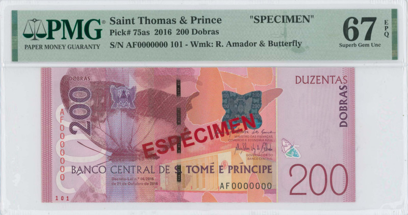 SAINT THOMAS & PRINCE: Specimen of 200 Dobras (2016) in red and purple. Coat of ...