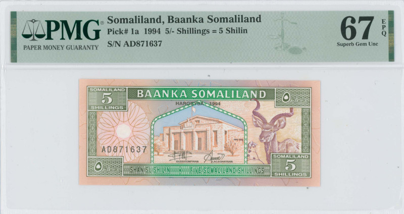 SOMALILAND: 5 Shillings (5 Shilin) (1994) in bright green, olive-green and red-b...