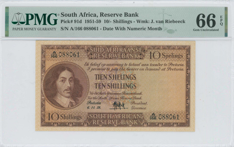 SOUTH AFRICA: 10 Shillings (6.11.1958) in brown. Portrait Jan van Riebeeck at le...