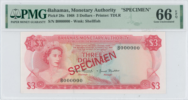 BAHAMAS: Specimen of 3 Dollars (Law 1968) in red on multicolor unpt. Queen Eliza...