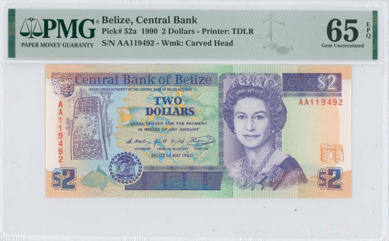 BELIZE: 2 Dollars (1.5.1990) in purple on multicolor unpt. Queen Elizabeth II at...