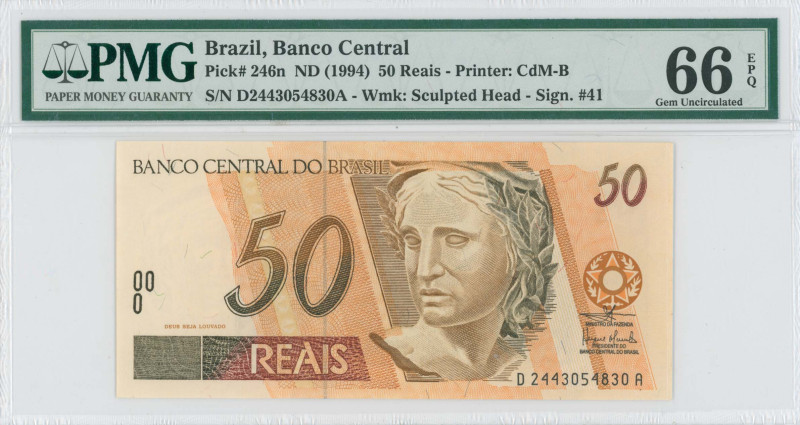 BRAZIL: 50 Reais (ND 1994-) in dark brown and red-brown on multicolor unpt. Scul...