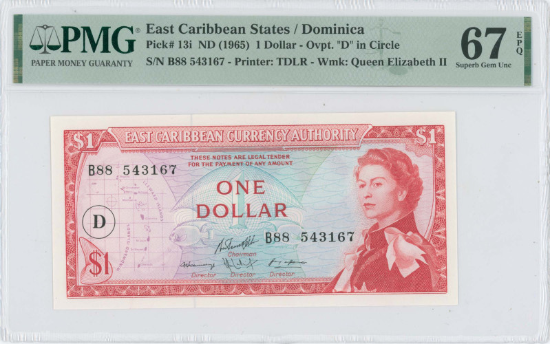 EAST CARIBBEAN STATES / DOMINICA: 1 Dollar (ND 1965) in red on multicolor unpt. ...