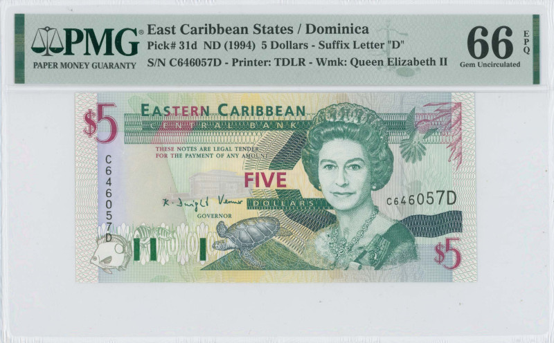 EAST CARIBBEAN / DOMINICA: 5 Dollars (ND 1994) in dark green, black and violet o...