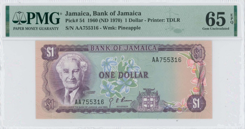 JAMAICA: 1 Dollar (Law 1960 / ND 1970) in purple on multicolor unpt. Sir Alexand...