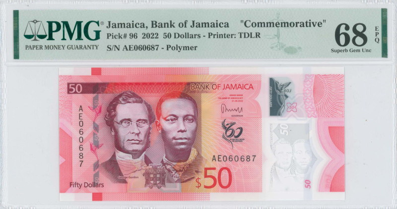 JAMAICA: 50 Dollars (1.6.2022) in red on multicolor unpt. Busts of George Willia...