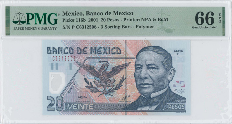 MEXICO: 20 Pesos (17.5.2001) in blue and multicolor unpt. B Juarez at right and ...