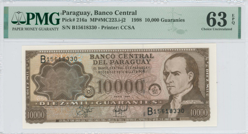 PARAGUAY: 10000 Guaranies (1998) in brown. Dr Jose Caspar Rodriguez De Francia a...