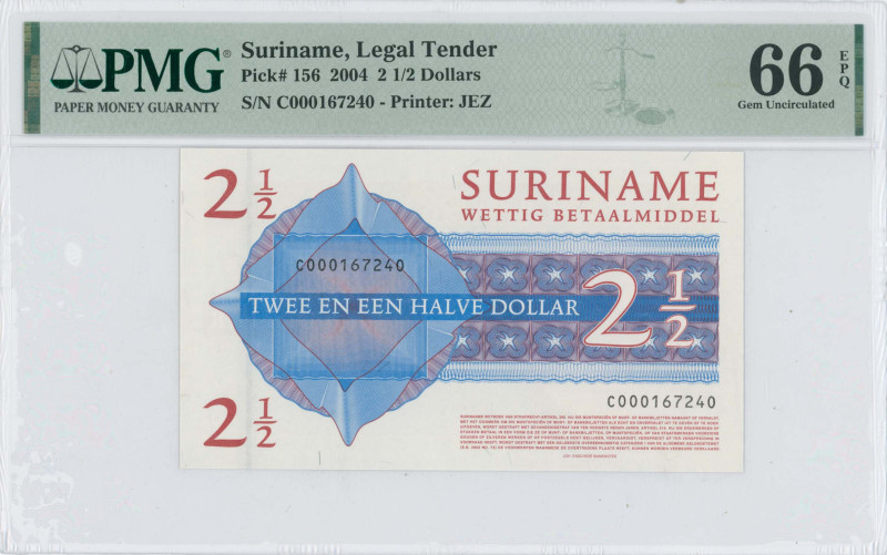 SURINAME: 2- 1/2 Dollars (1.1.2004) in violet blue and red-brown. Central Bank b...