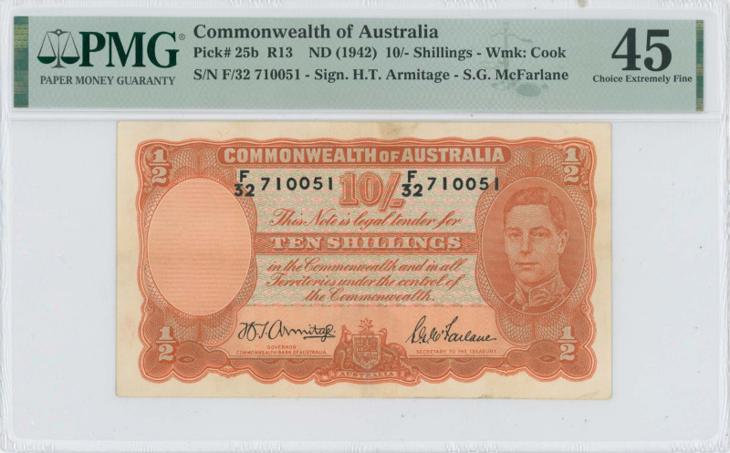 AUSTRALIA: 10 Shillings (ND 1942) in orange on multicolor unpt. Portrait of King...