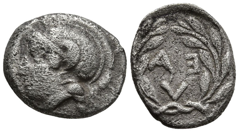 AEOLIS. Elaia. (Circa 450-400 BC).
AR Diobol (11.3mm 0.97g)
Obv: Helmeted head...