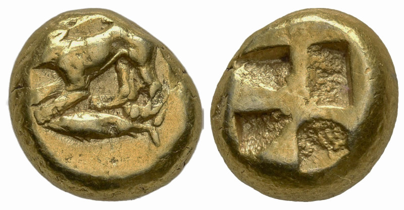 MYSIA. Kyzikos. (Circa 500-450 BC)
EL Hekte (9.7mm 2.68g)
Obv: Dog crouching t...