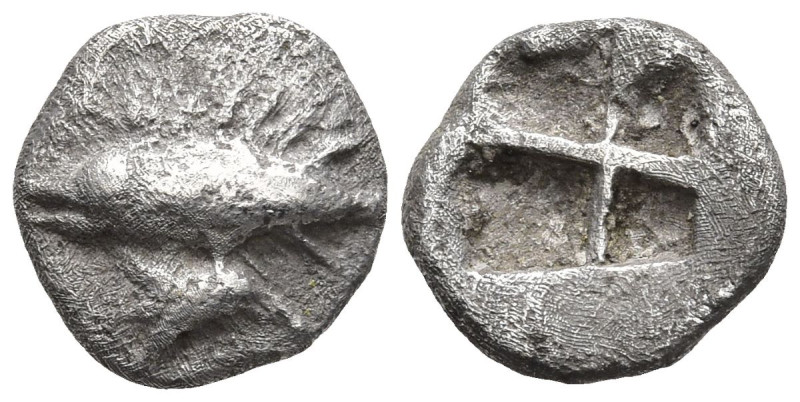 MYSIA. Kyzikos. (Circa 550-480 BC).
AR Hemiobol (8mm 0.47g)
Obv: Tunny fish sw...