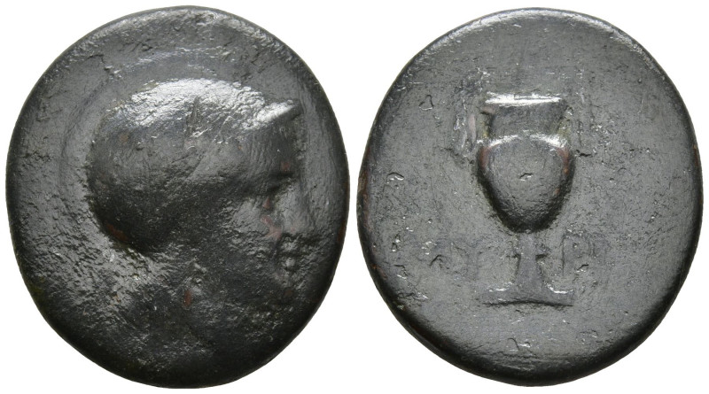 AEOLIS. Myrina. (Circa 5th-3rd centuries BC).
AE Bronze (18mm 4g)
Obv: Helmete...