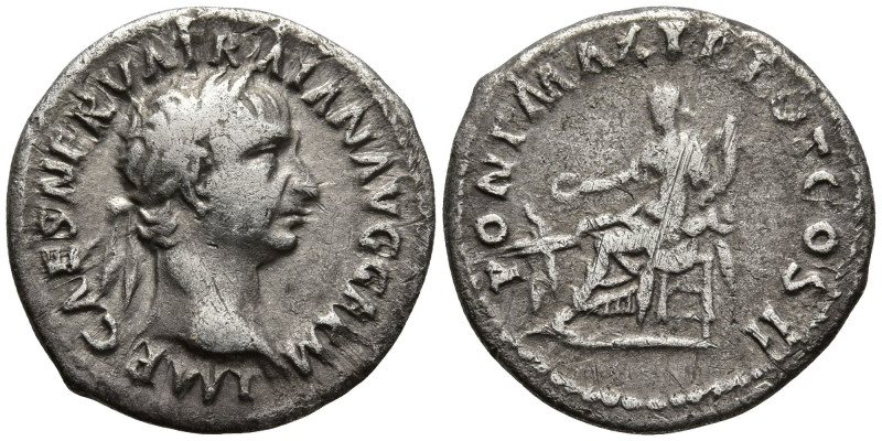 Trajan (98-117 AD). Rome.
AR Denarius (19mm 3.17g)
Obv: IMP CAES NERVA TRAIAN ...