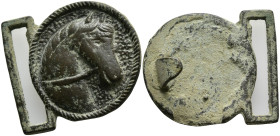 Ancient belt buckle
Obv: Bridled horse right
(12.6mm 38.2mm diameter)