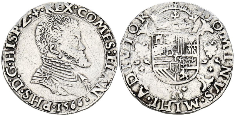 FELIPE II (1556-1598). 1/5 Escudo. (Ar. 6,76g/30mm). 1566. Brujas. (Vicenti 883)...